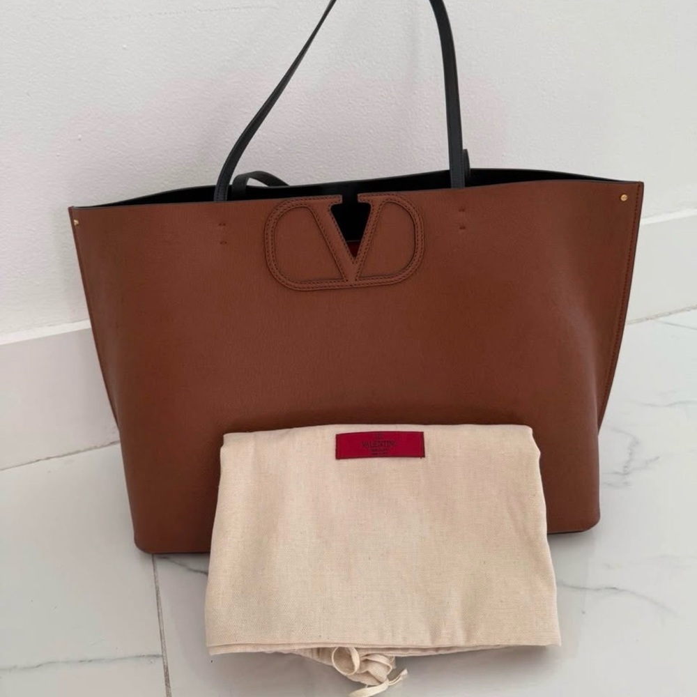 Valentino Garavani Brown Leather V-Logo Tote with Black Handles